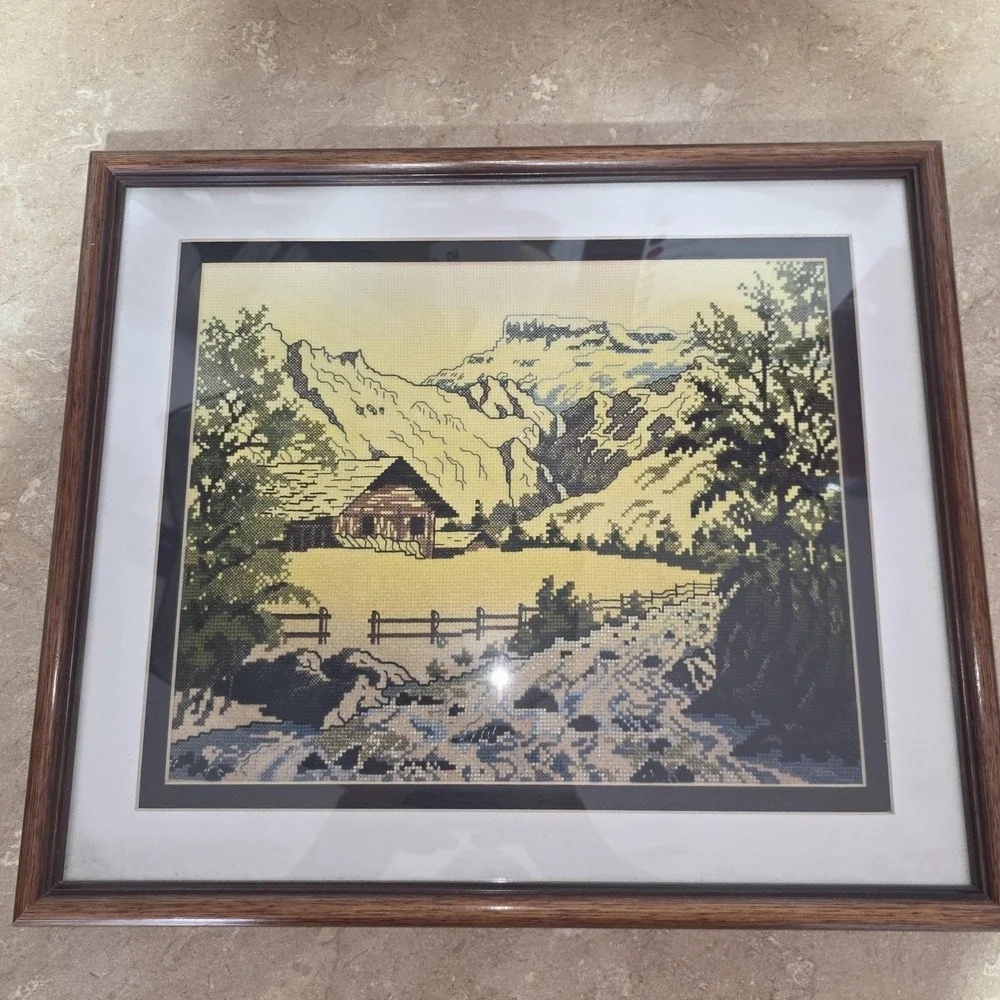 Vintage Handmade Mountain Cabin Landscape Cross Stitch Tapestry‎ Framed 14x16